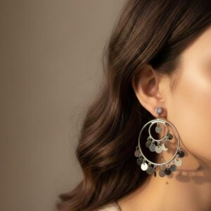 Celestial Coin Silver Hoop Drop Earrings