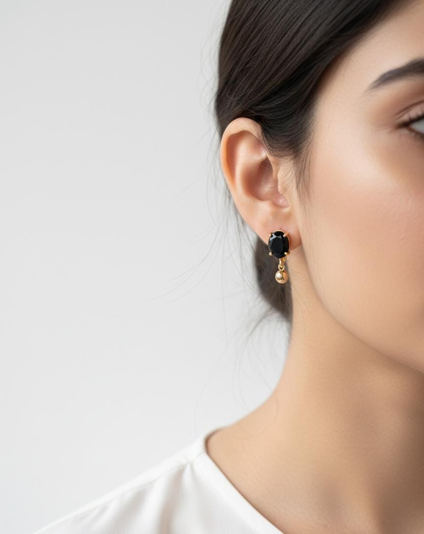 Noir Oval Black Stone Gold Drop Earrings