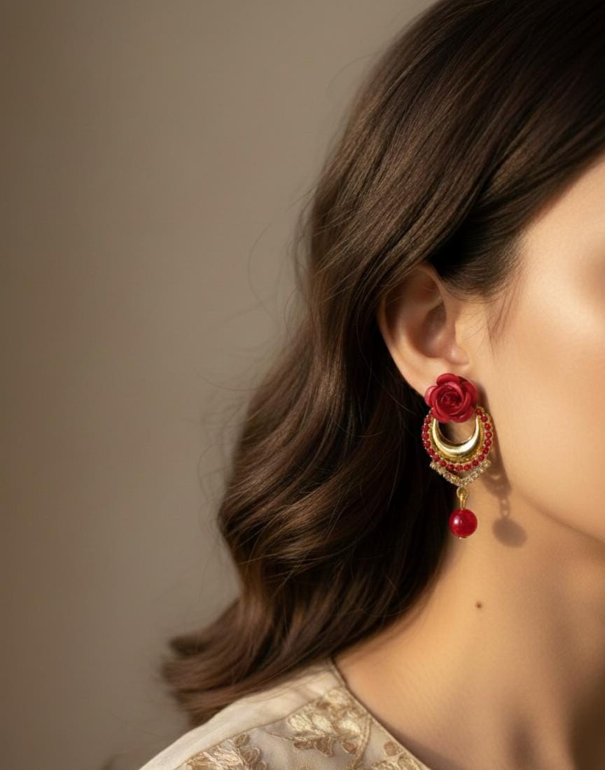 Crimson Rose Gold Beaded Drop Earrings