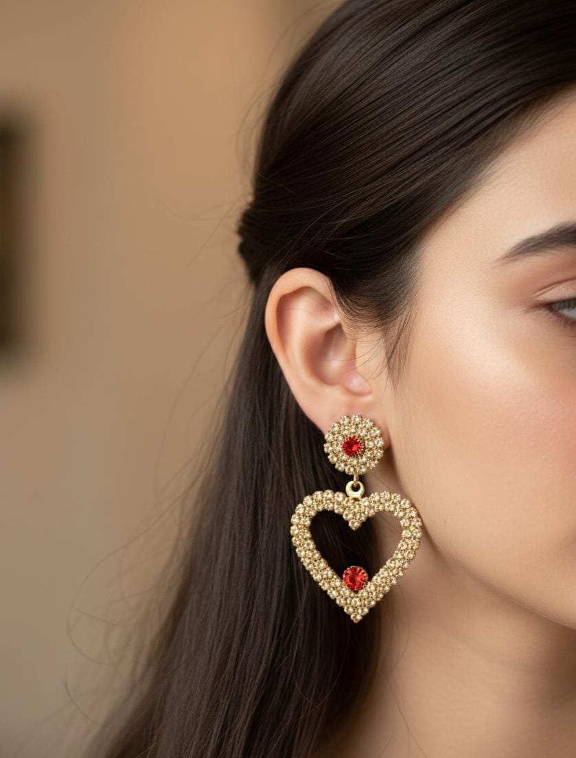 Golden Romance Heart Crystal Drop Earrings