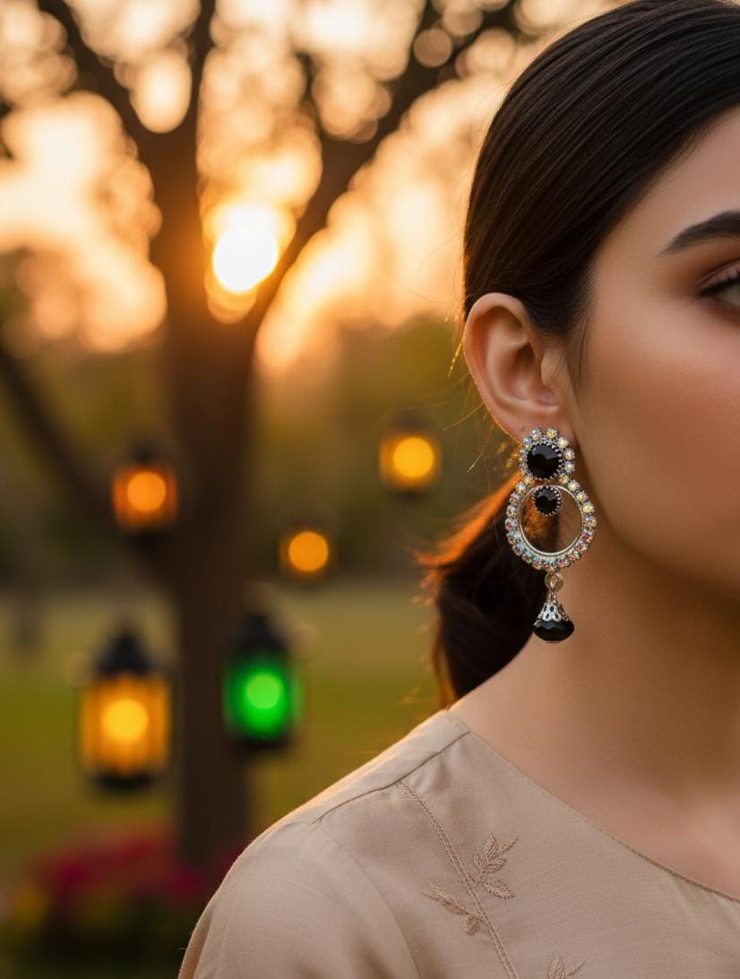 Midnight Glow Black Crystal Circle Drop Earrings