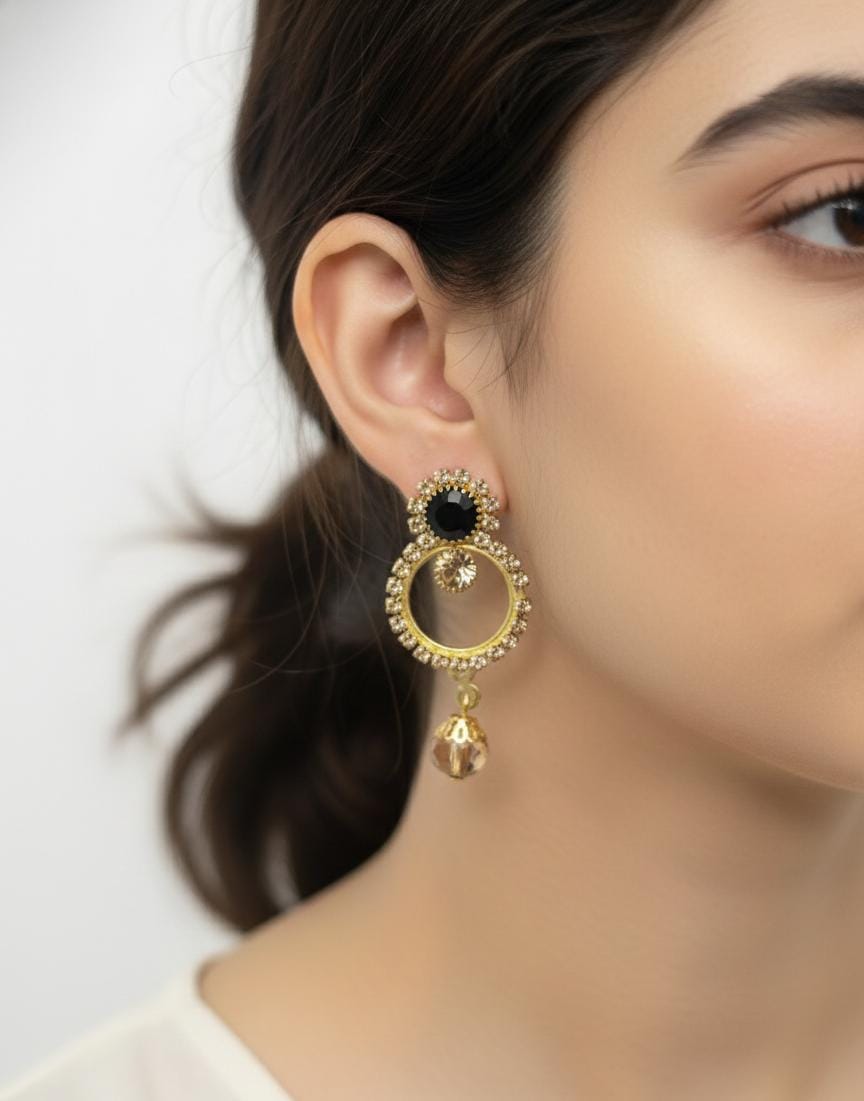 Golden Noir Crystal Circle Drop Earrings