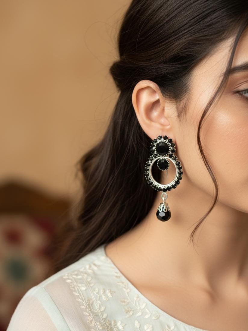 Onyx Elegance Crystal Circle Drop Earrings