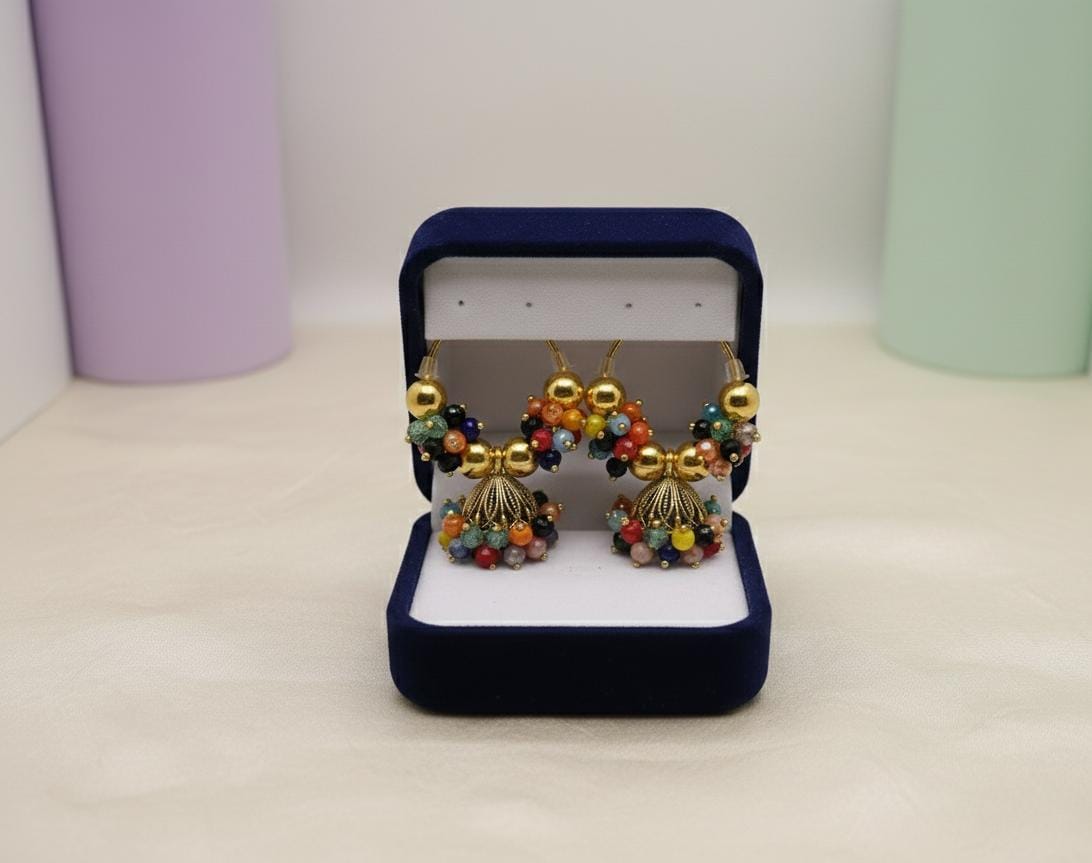 festive kaleidoscope: handcrafted multicolour beaded gold tone jhumka earrings