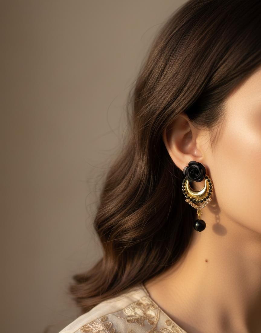 Midnight Rose Black & Gold Drop Earrings