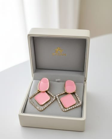 blush geometric enamel drop earrings with crystal pavé border
