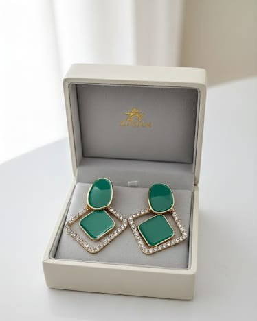 emerald forest geometric enamel drop earrings with crystal pavé border
