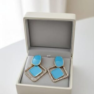 azure & emerald geometric enamel drop earrings with crystal pavé