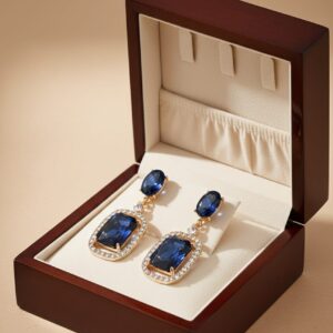 crystal blue emerald cut halo drop earrings