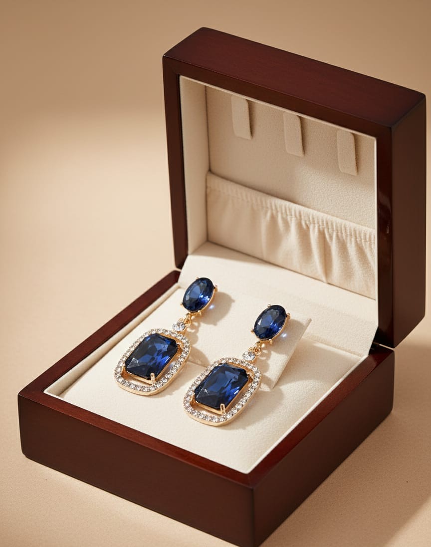 crystal blue emerald cut halo drop earrings