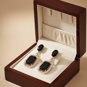 midnight royale emerald cut halo drop earrings