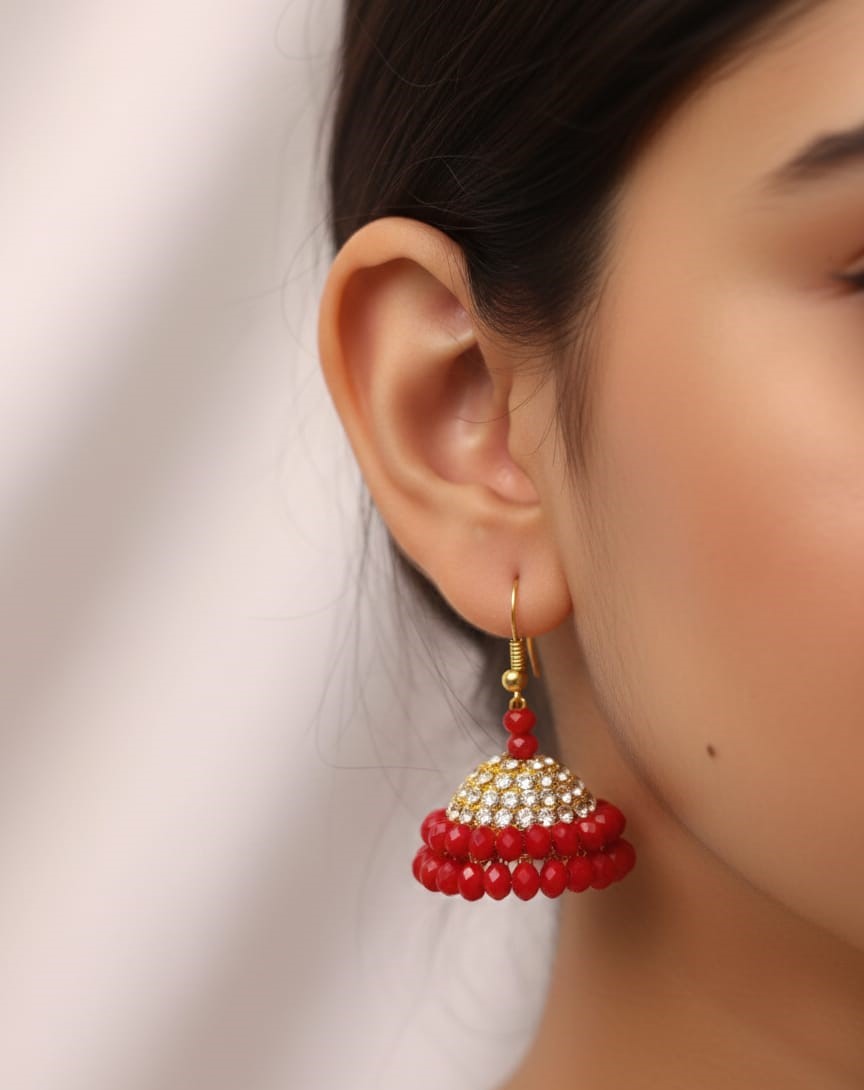 Red Crystal Jhumka Earrings