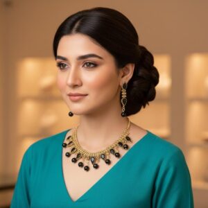 Gold Black Crystal Necklace Set