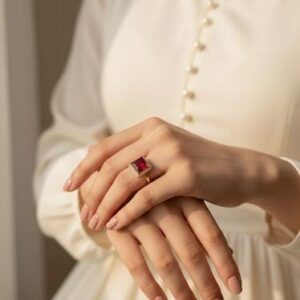 Gold Ruby Square Halo Ring