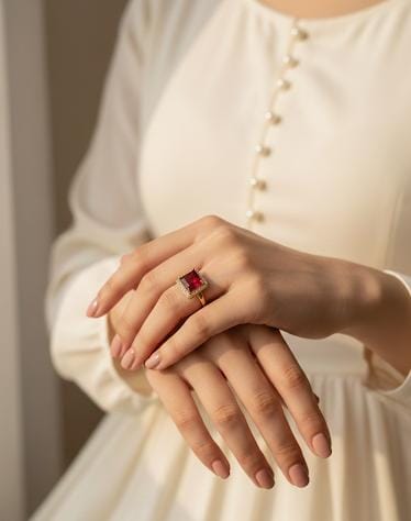 Gold Ruby Square Halo Ring