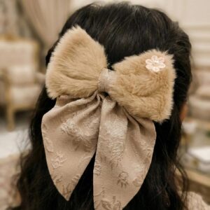 Luxury Fur Bow Hair Clip with Fabric Ribbon for Women